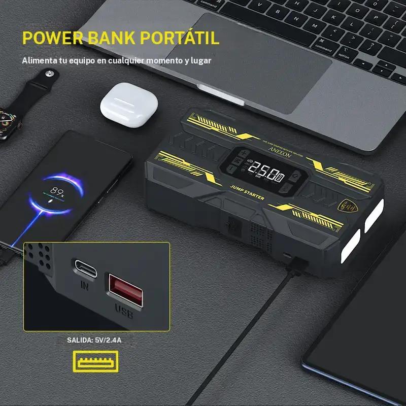 Arrancador de batería portátil para coche 6400 mAh/8000 mAh con compresor de aire, carga rápida por USB, múltiples protecciones de seguridad, incluye cables de puente