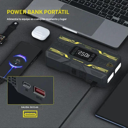 Arrancador de batería portátil para coche 6400 mAh/8000 mAh con compresor de aire, carga rápida por USB, múltiples protecciones de seguridad, incluye cables de puente