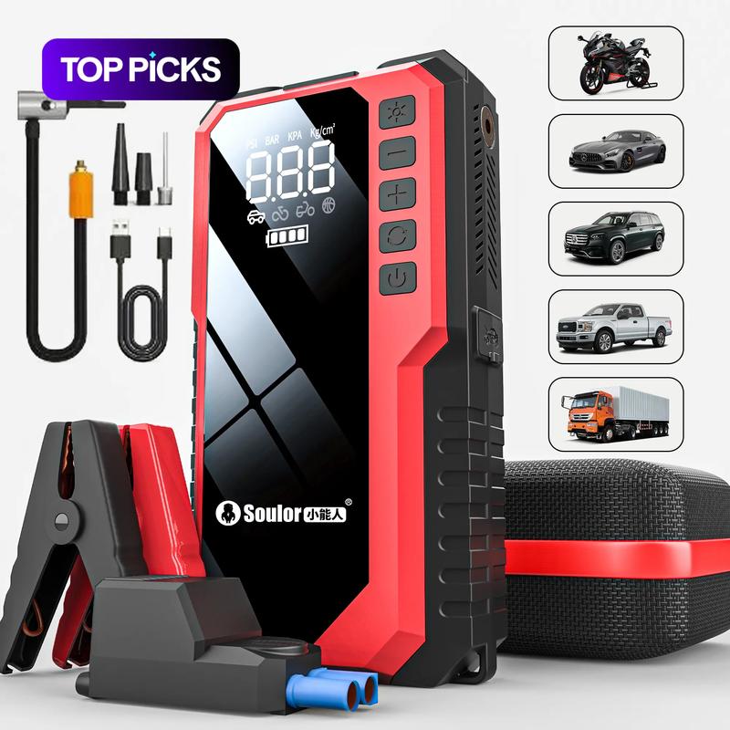 Arrancador de batería portátil para coche 6400 mAh/8000 mAh con compresor de aire, carga rápida por USB, múltiples protecciones de seguridad, incluye cables de puente